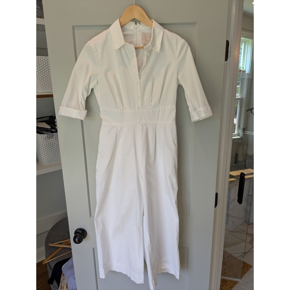 Gal Meets Glam White Collared Button Down Short Sleeve Jumpsuit Sz 0‎